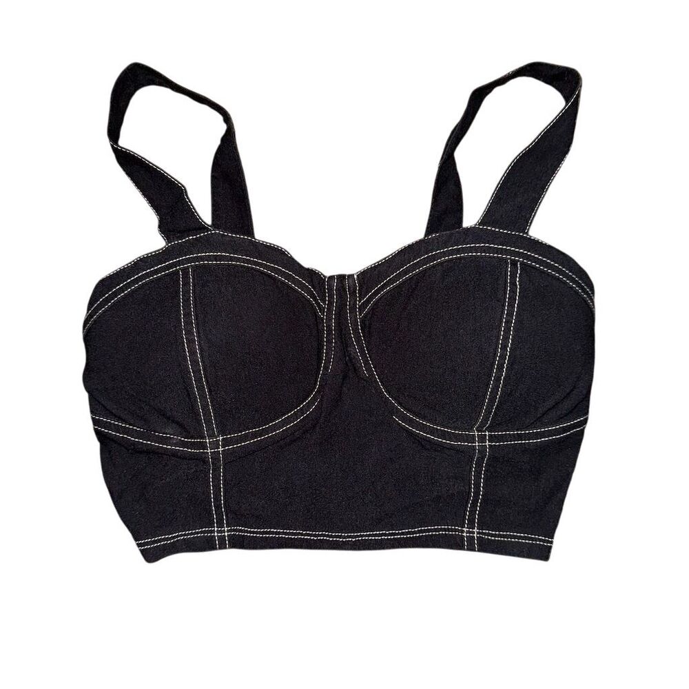 Timing Black Contrast White Stitch Bustier‎ Crop Top Smocked Back Sweetheart